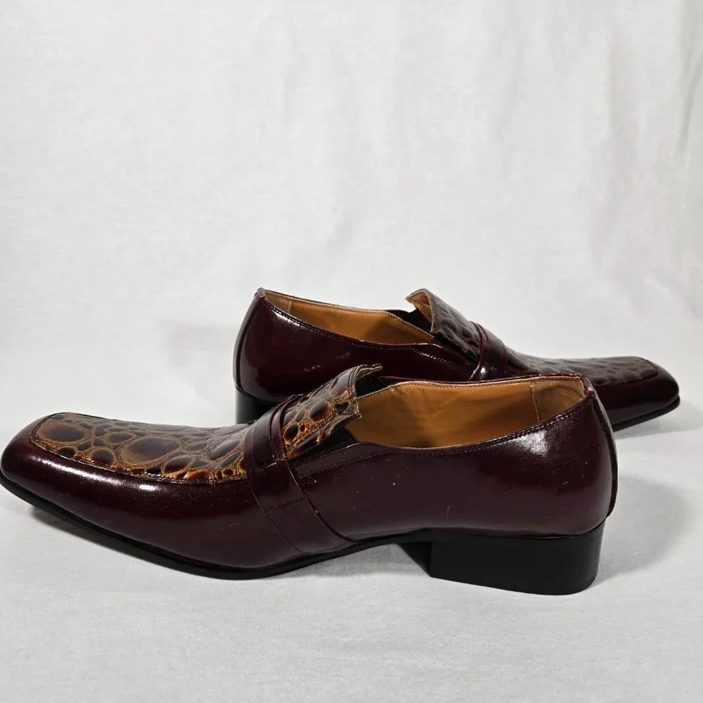 Vintage BALLY Rockabilly Red Wine Patent Leather Brown Crocodile Loafers Size 9B
